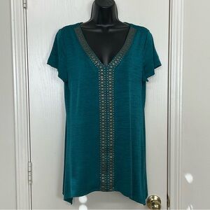 I.N.Studio Teal V-Neck Embellished Women's Top